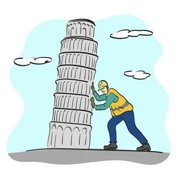 Construction worker with hard hat trying to push the leaning pisa tower Stock Illustration