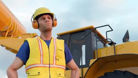 Construction worker hard hat yellow bib excavator backhoe heavy equipment 3.. Stock Illustration