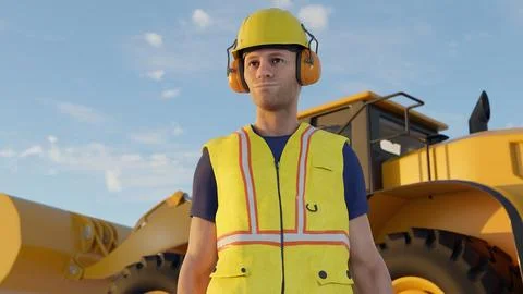 Construction worker hard hat yellow bib excavator backhoe heavy equipment 3.. Stock Illustration