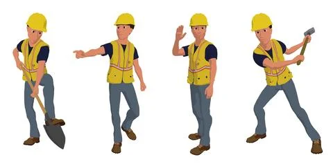 Construction worker hard hat yellow bib cartoon many positions vector illus.. Stock-Illustration