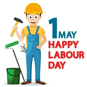 Construction worker in helmet and with tools on white background. Labor day. Stock Illustration
