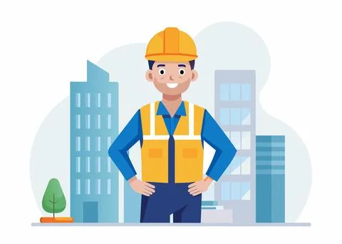 Construction worker with helmet and uniform on the city background. illustr.. Stock Illustration