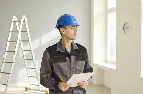 Construction worker in helmet with clipboard planning interior renovation Stock Photos