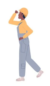 Construction worker with helmet looking up semi flat color vector character Stock Illustration