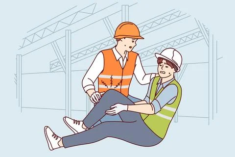 Construction worker helps colleague broke leg and was injured at work due to Stock Illustration