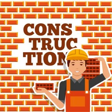 Construction worker holding brick and wall Stock Illustration