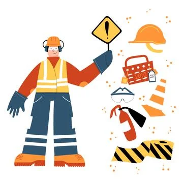 Construction Worker holding danger sign with safety equipment clipart Stock Illustration
