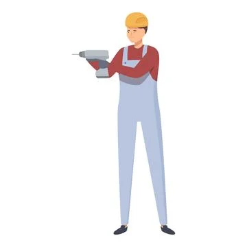 Construction worker holding electric drill wearing hard hat and safety gear Illustrazione stock