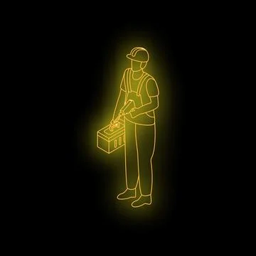 Construction worker holding electric drill neon sign isometric view Stock Illustration