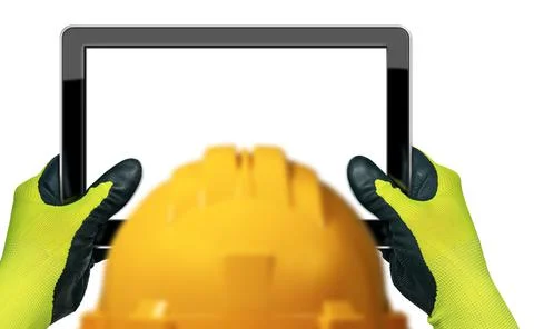 Construction Worker Holding an Empty Digital Tablet Isolated on White Stock Photos