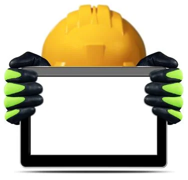 Construction Worker Holding an Empty Digital Tablet Isolated on White Stock Photos