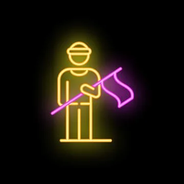 Construction worker holding flag neon light style icon Stock Illustration