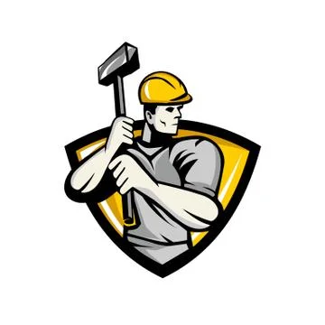 Construction worker holding a hammer badge shield vector icon Stock Illustration