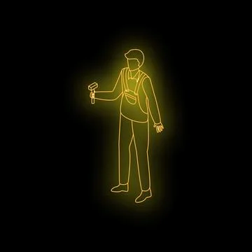 Construction worker holding hammer neon style isometric icon Stock Illustration