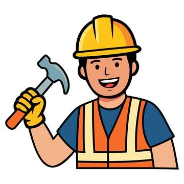 Construction Worker Holding Hammer Safety Helmet Builder Vector Illustration Stock Illustration