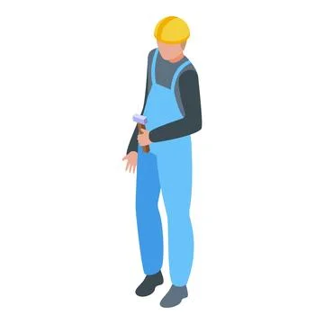 Construction worker holding hammer wearing blue overalls isometric illustration Ilustración de archivo