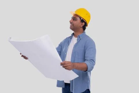 Construction Worker Holding House Plan in Hands Watching up. Architect Holding Stock Photos