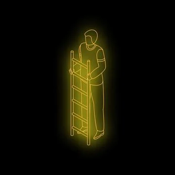 Construction worker holding ladder neon sign isometric view Stock Illustration