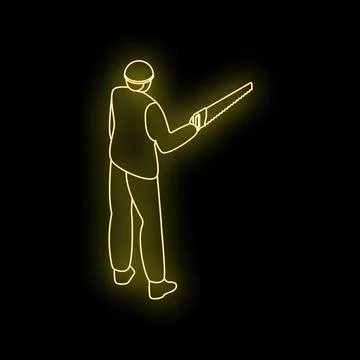 Construction worker holding saw neon sign on black background Ilustración de archivo