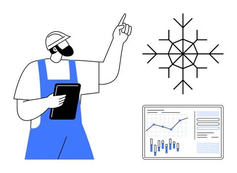 Construction worker holding tablet and pointing upward with data charts, snow Stock Illustration