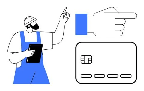 Construction Worker Holding Tablet with Large Hand Pointing to Credit Card Illustrazione stock