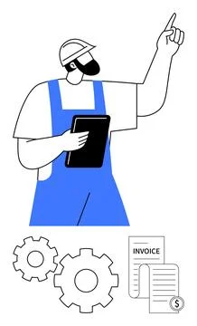 Construction Worker Holding Tablet Pointing Up with Invoice, Gear Icons Below Illustrazione stock