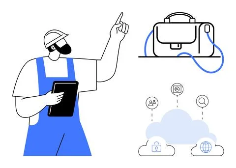 Construction worker holding a tablet, pointing upwards. Cloud computing icons Illustrazione stock