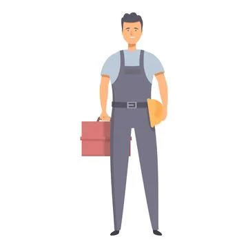 Construction worker holding tool box and helmet smiling builder wearing overalls Ilustración de archivo