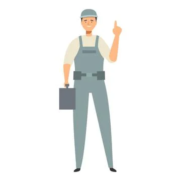 Construction worker holding toolbox and pointing up with index finger Illustrazione stock