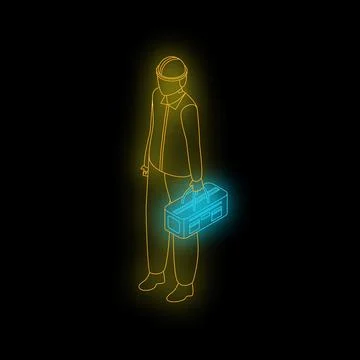 Construction worker holding toolbox isometric neon icon on black background Stock Illustration