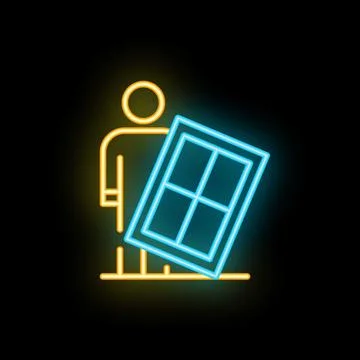 Construction worker holding window neon sign icon on black background Ilustración de archivo