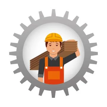Construction worker holding wooden inside gear Illustrazione stock