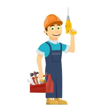 Construction worker holds in hands a tool box. Stock vector illu 스톡 일러스트