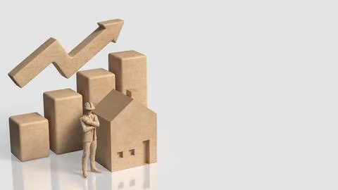 Construction Worker with House and Rising Property Growth Chart 3d render.. Stock Illustration