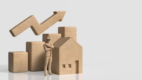 Construction Worker with House and Rising Property Growth Chart 3d render.. Stock Illustration
