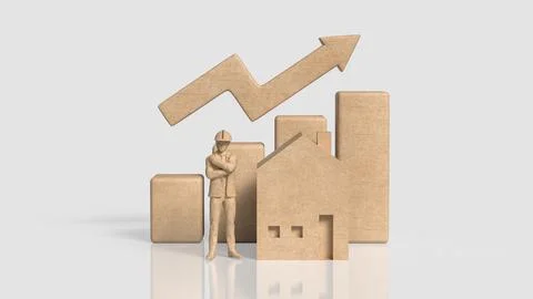 Construction Worker with House and Rising Property Growth Chart 3d render.. Stock Illustration