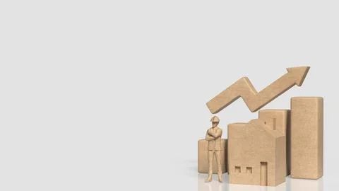 Construction Worker with House and Rising Property Growth Chart 3d render.. Stock Illustration