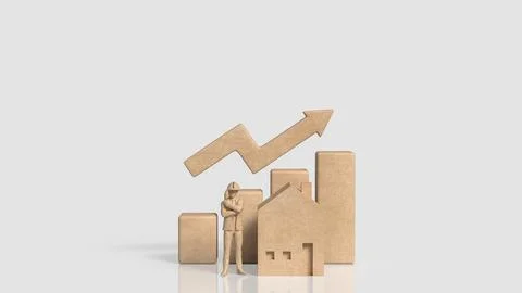 Construction Worker with House and Rising Property Growth Chart 3d render.. Stock Photos