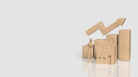 Construction Worker with House and Rising Property Growth Chart 3d render.. Stock Photos