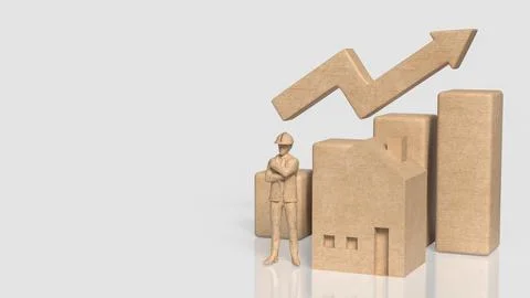 Construction Worker with House and Rising Property Growth Chart 3d render.. Stock Photos