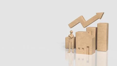 Construction Worker with House and Rising Property Growth Chart 3d render.. Stock Photos