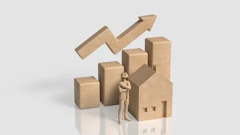 Construction Worker with House and Rising Property Growth Chart 3d render.. Stock Photos