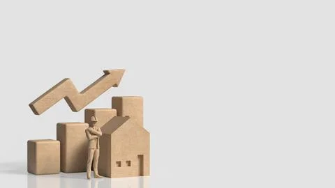 Construction Worker with House and Rising Property Growth Chart 3d render.. Stock Photos