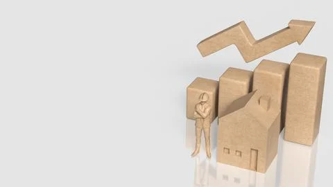 Construction Worker with House and Rising Property Growth Chart 3d render.. Stock Photos