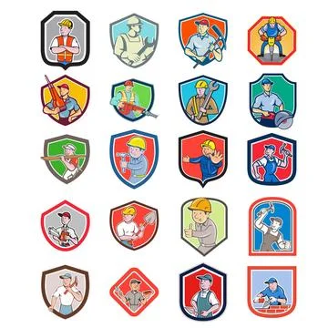 Construction Worker Icon Shield Set Set or Collection of cartoon characte... Fotos de archivo