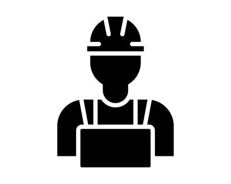Construction Worker Icon in Solid Black Style with Hard Hat and Overalls Stock Illustration