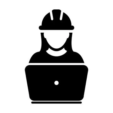 Construction worker icon vector female service person profile avatar with laptop Stock Illustration