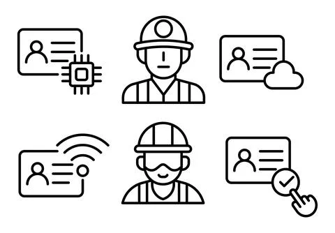 Construction Worker Icons with Identification and Technology Elements Stock Illustration