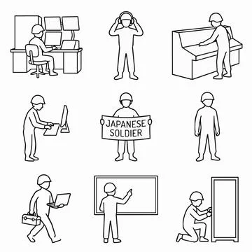 Construction worker icons set, line style, various tasks, hard hat, tools S.. Stock Illustration