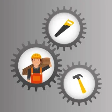 Construction worker inside mechanical gear and tools Illustrazione stock